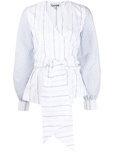 Ganni Long-sleeved Pinstriped Wrap Blouse In White