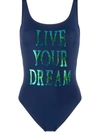 Alberta Ferretti Sequin Slogan Swimsuit In Blue