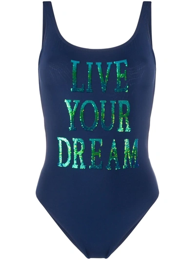 Alberta Ferretti Sequin Slogan Swimsuit In Blue