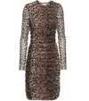 Ganni Ruched Leopard-print Stretch-mesh Mini Dress In Multi