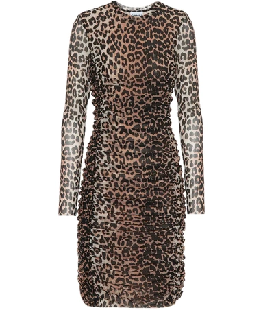 Ganni Ruched Leopard-print Stretch-mesh Mini Dress In Leopard Print