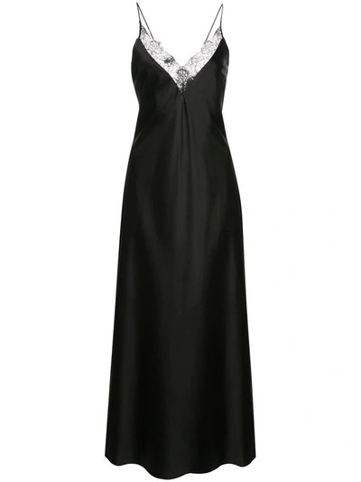anine bing black slip dress Anine Bing Katy Lace-trimmed Silk-charmeuse Midi Dress In Black