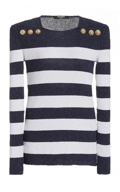 Balmain Button-embellished Metallic Striped Ribbed-knit Sweater In Wht/blue