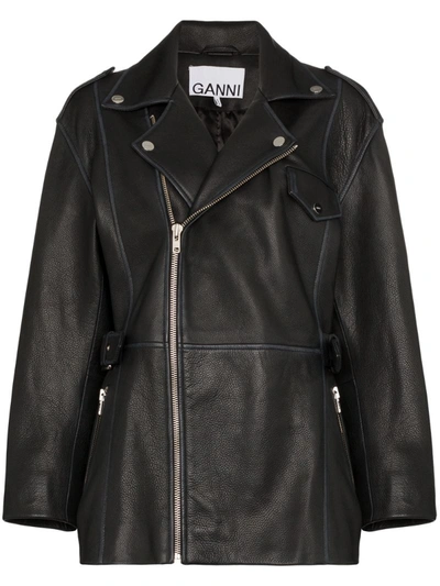 Ganni Oversized Textured-leather Biker Jacket In Black