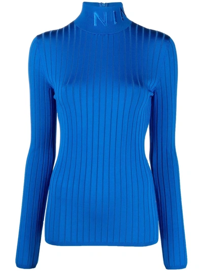 Nina Ricci Embroidered Ribbed-knit Turtleneck Sweater In Blue