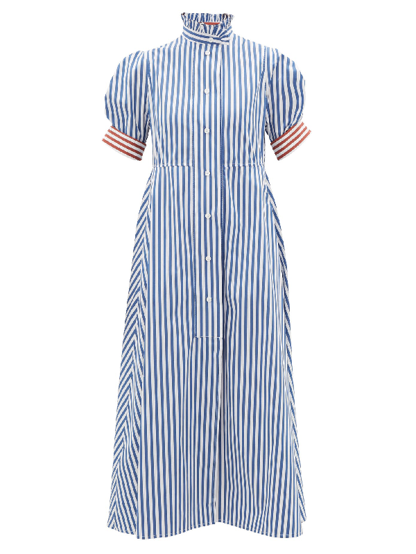 Thierry Colson Venetia Ruffled Striped Cotton-poplin Midi Dress In Blue ...