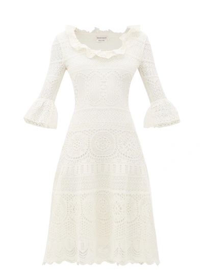 Alexander Mcqueen Fluted-sleeve Crochet-knit Midi Dress In Ivory