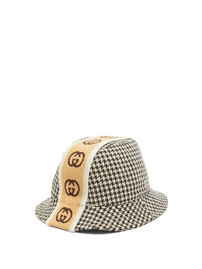 Gucci Gg-intarsia Stripe Houndstooth Bucket Hat In Brown