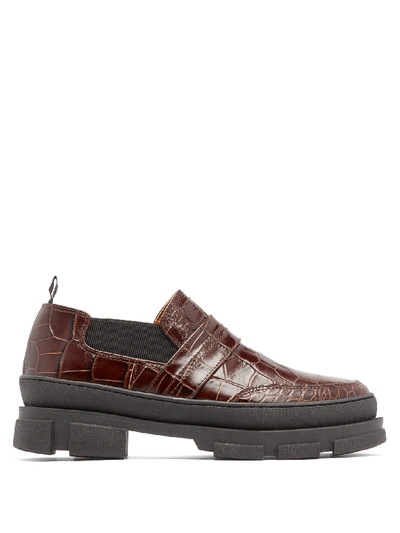 Ganni Flatform Crocodile-effect Leather Loafers In Brown