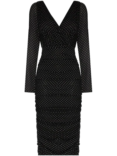 Dolce & Gabbana Ruched-mesh Long-sleeve Midi Dress In Black