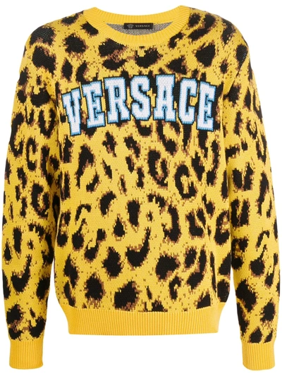 Versace Leopard-print Logo Sweater In Yellow
