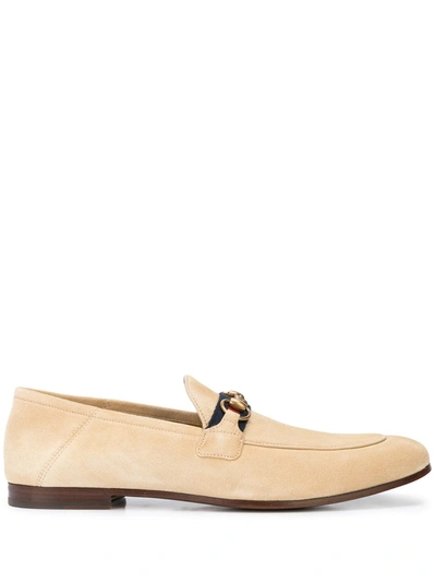 Gucci Brixton Horsebit Webbing-trimmed Collapsible-heel Suede Loafers In Neutrals
