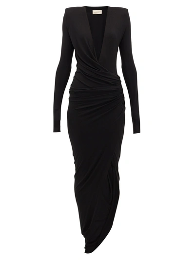 Alexandre Vauthier Asymmetric Ruched Crystal-embellished Stretch-crepe Gown In Navy