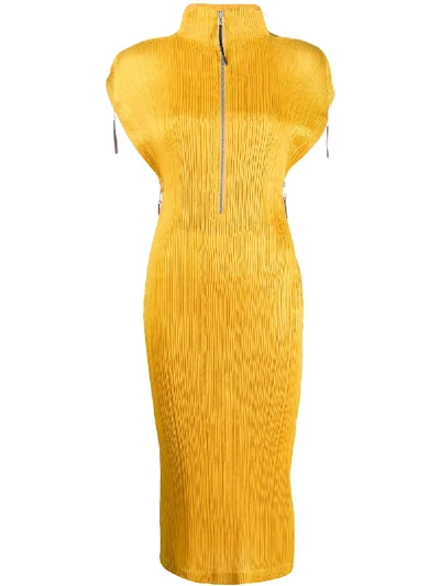 Pre-owned Issey Miyake 2000s Plissé Midi Dress In Yellow