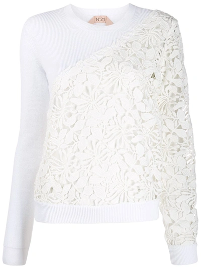 N°21 Floral Crochet Panels Knitted Top In White