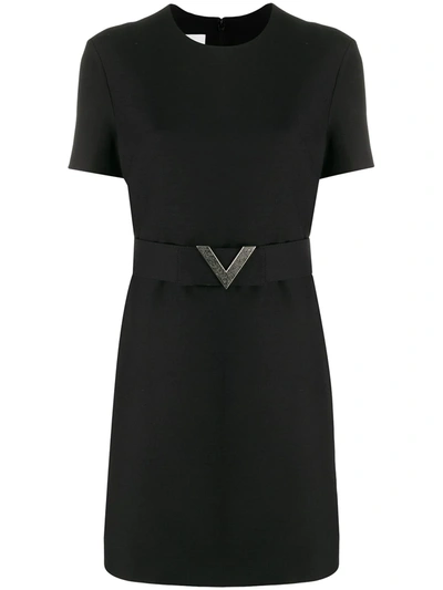 Valentino Crepe V Pavé Belted Dress In Black