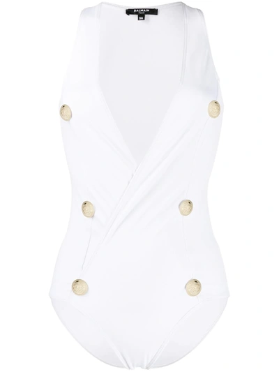 Balmain Decorative Buttons Swimsuit In White