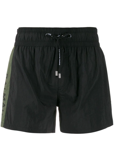 Balmain Logo Stripe Swim Shorts In Black Green