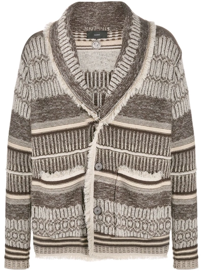 Alanui Fringed Intarsia Knit Cardigan In Green,beige,grey