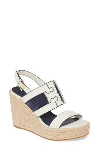 Tory Burch Two-tone Leather And Suede Espadrille Wedge Sandals In Dark Blue