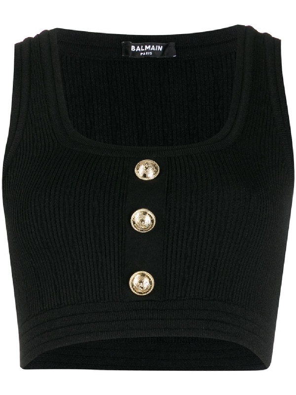 Balmain Button-embellished Ribbed Cropped Top In 0pa Black | ModeSens