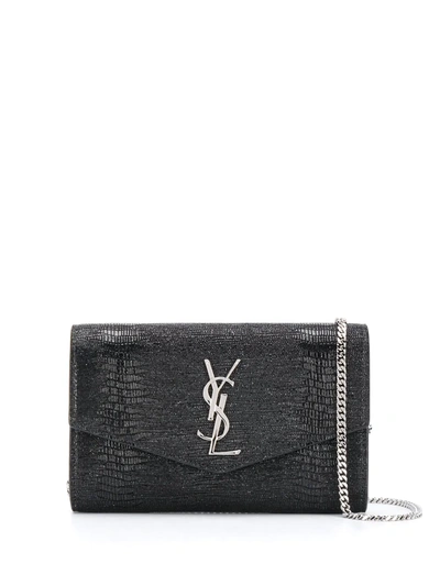 Saint Laurent Black Uptown Mock Croc Leather Clutch Bag