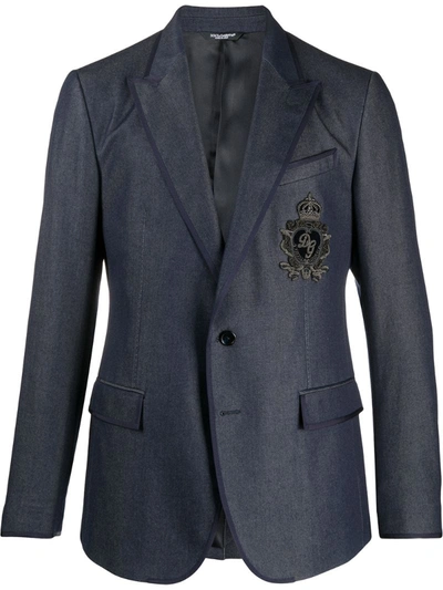 Dolce & Gabbana Embroidered Crest Logo Blazer In Blue