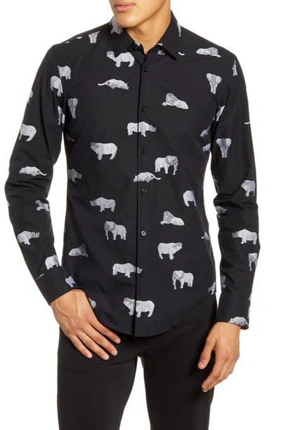 Hugo Boss Ronni Slim Fit Animal Print Button-up Shirt In Black