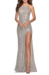 La Femme Sequin Open Back Trumpet Gown In Silver