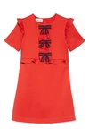 Gucci Kids' Jersey Stretch Ruffle-trim Dress W/ Web Bows, Size 4-12 In Bright Cerise/ Blue/ Red