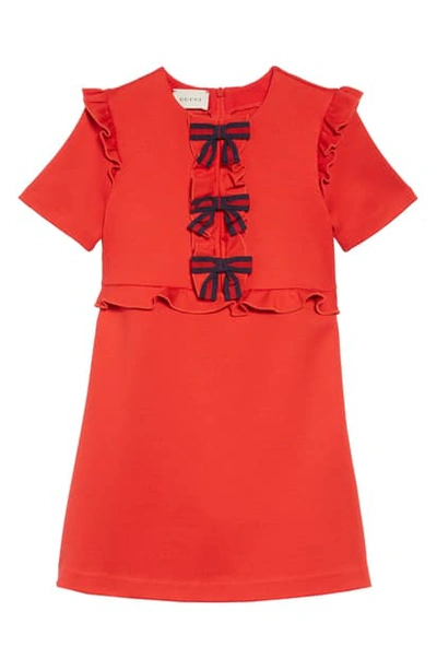 Gucci Kids' Jersey Stretch Ruffle-trim Dress W/ Web Bows, Size 4-12 In Bright Cerise/ Blue/ Red
