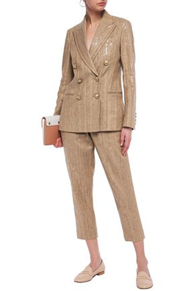 Brunello Cucinelli Cropped Sequin-embellished Herringbone Cotton-blend Tapered Pants In Sand