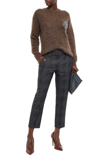 Brunello Cucinelli Cropped Bead-embellished Checked Wool Tapered Pants In Black