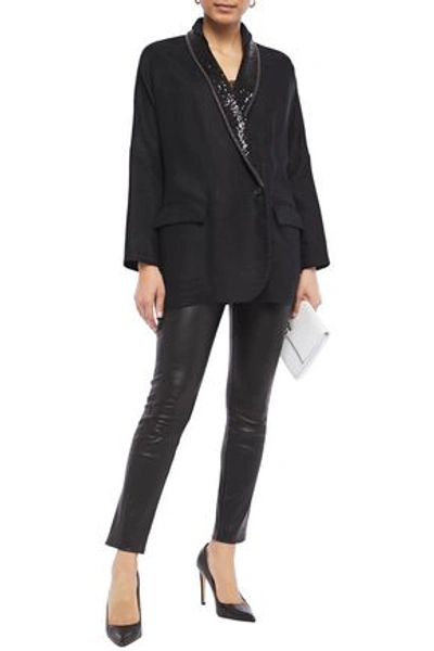 Brunello Cucinelli Embellished Satin-trimmed Linen-twill Blazer In Black
