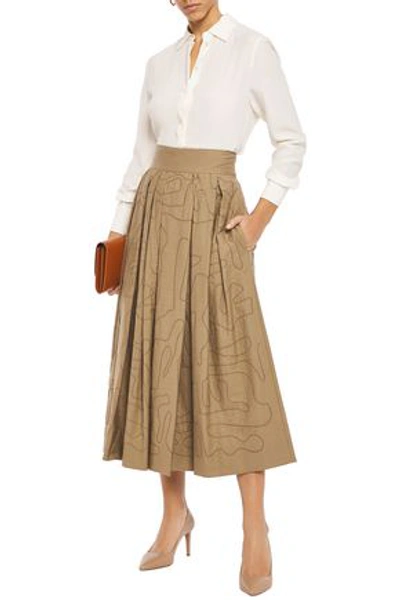Brunello Cucinelli Bead-embellished Pleated Cotton-blend Twill Midi Skirt In Sand
