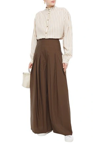 Brunello Cucinelli Pleated Cotton-blend Wide-leg Pants In Chocolate