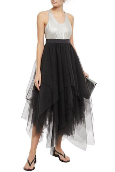 Brunello Cucinelli Paneled Iridescent Cotton-jersey And Tulle Midi Dress In Platinum