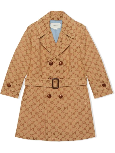 Gucci Kids' All Over Logo Cotton Canvas Trench Coat In Brown