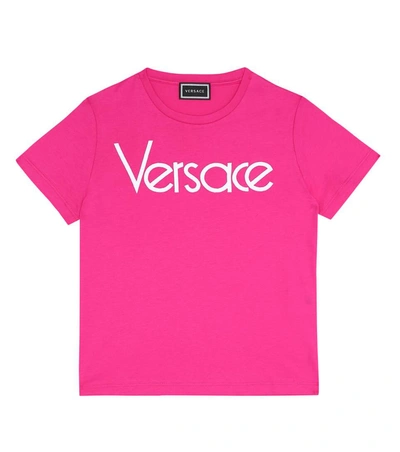 Versace Kids' Embroidered Logo Cotton Jersey T-shirt In Pink