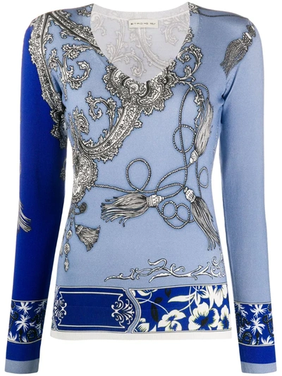 Etro Tassel Floral Silk V-neck Jumper In Blue
