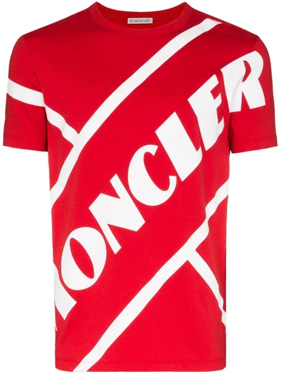 Moncler Men's Angled Logo Typographic T-shirt In Red