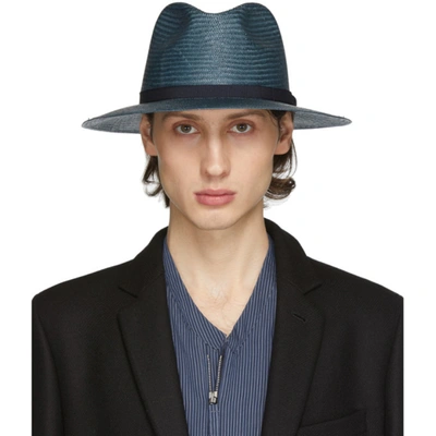 Giorgio Armani Woven Fedora Hat In Steel Blue