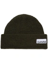 Ganni Stitched-logo Ribbed Wool-blend Beanie Hat In Green