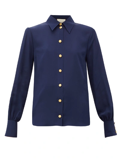 Gucci Anchor-debossed Button Silk Blouse In Royal Blue