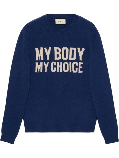 Gucci My Body My Choice Intarsia-knit Wool Sweater In Blue