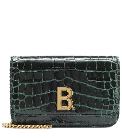Balenciaga B-logo Crocodile-effect Leather Cross-body Bag In Green