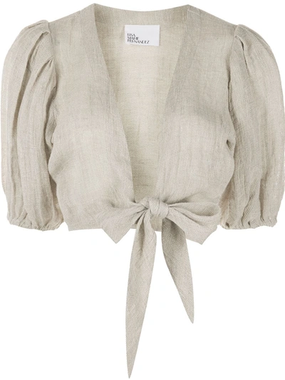 Lisa Marie Fernandez + Net Sustain Pouf Cropped Tie-front Checked Linen-blend Gauze Top In Grey