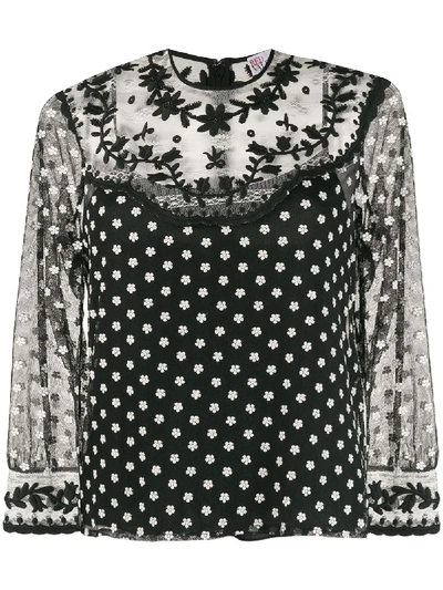 Red Valentino Floral Applique See-through Blouse In Black/ivory