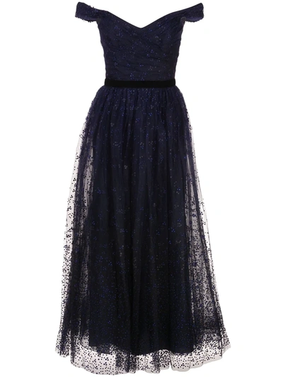 Marchesa Notte Draped Corseted Sequin-embellished Gown In Blue