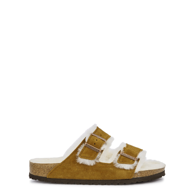 Birkenstock Arizona Soft Footbed Suede Leather Shearling Mink Narrow Fitting Sandals In Multi-colored